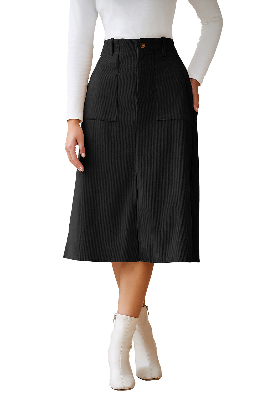 Coffee Front Slit Shift High Waist Midi Skirt