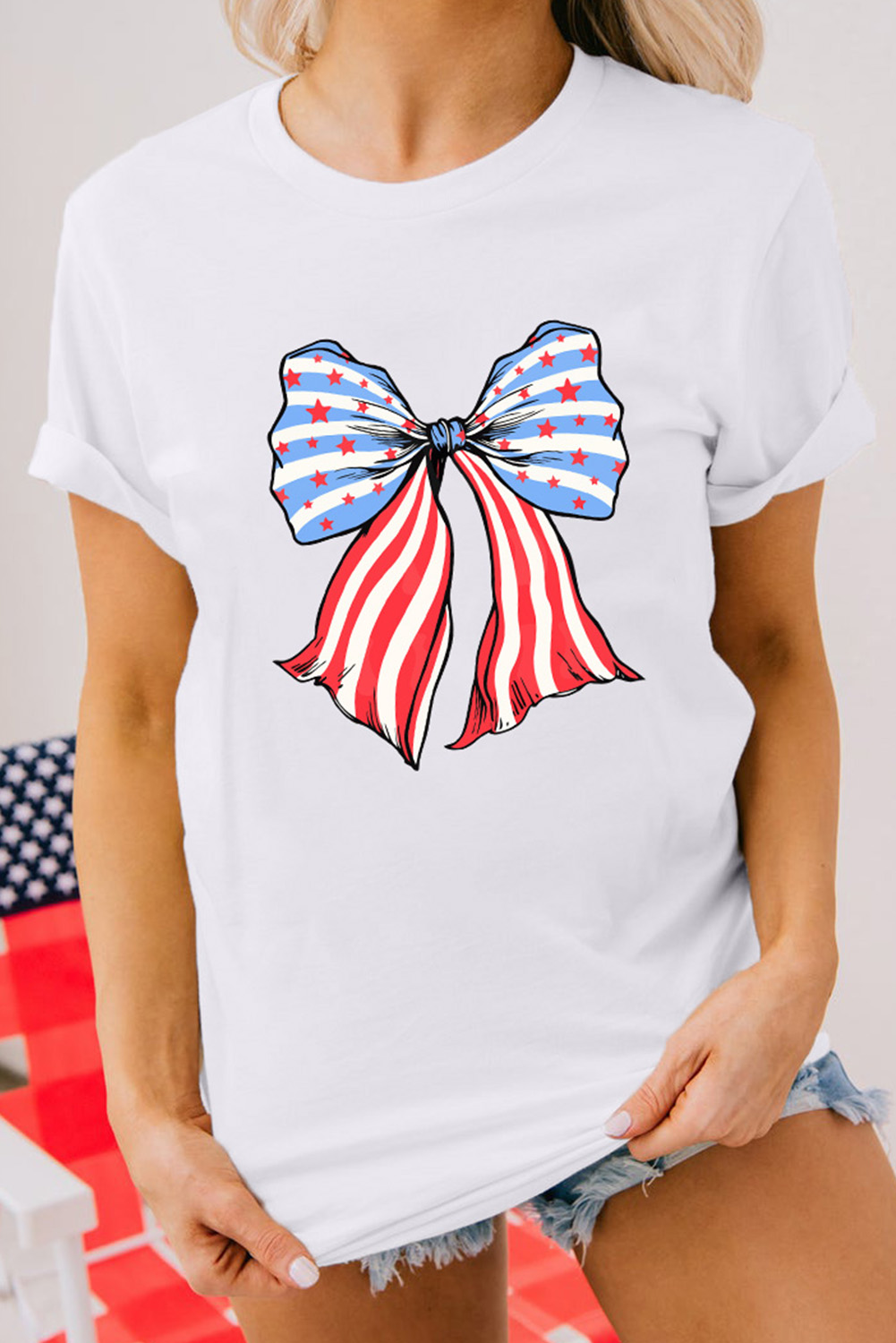 Khaki American Flag Bow Knot Print Round Neck T Shirt