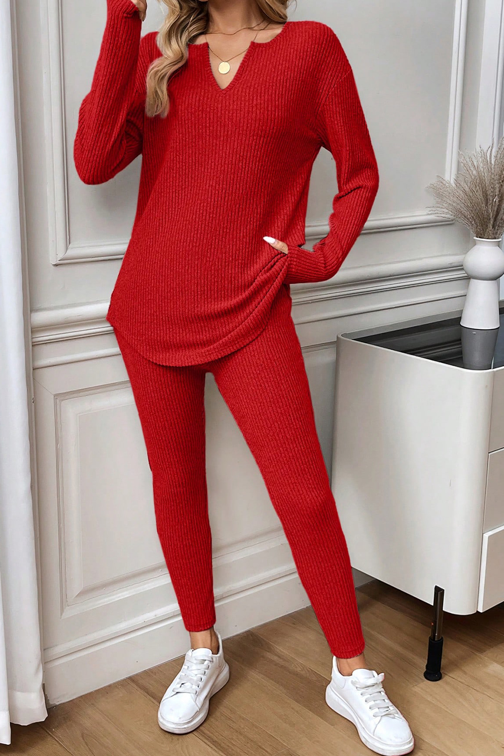 Black Ribbed Notched Neck Knit Long Sleeve Leggings Two Pieces Lounge Set