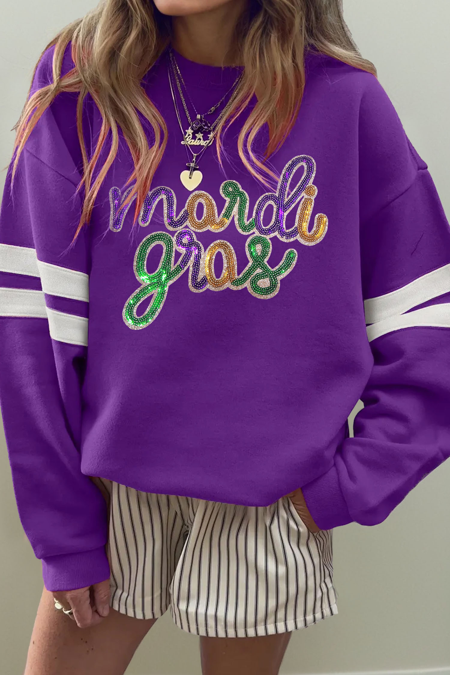 Black Sequin Mardi Crown Dropped Shoulder Varsity Sweatshirt