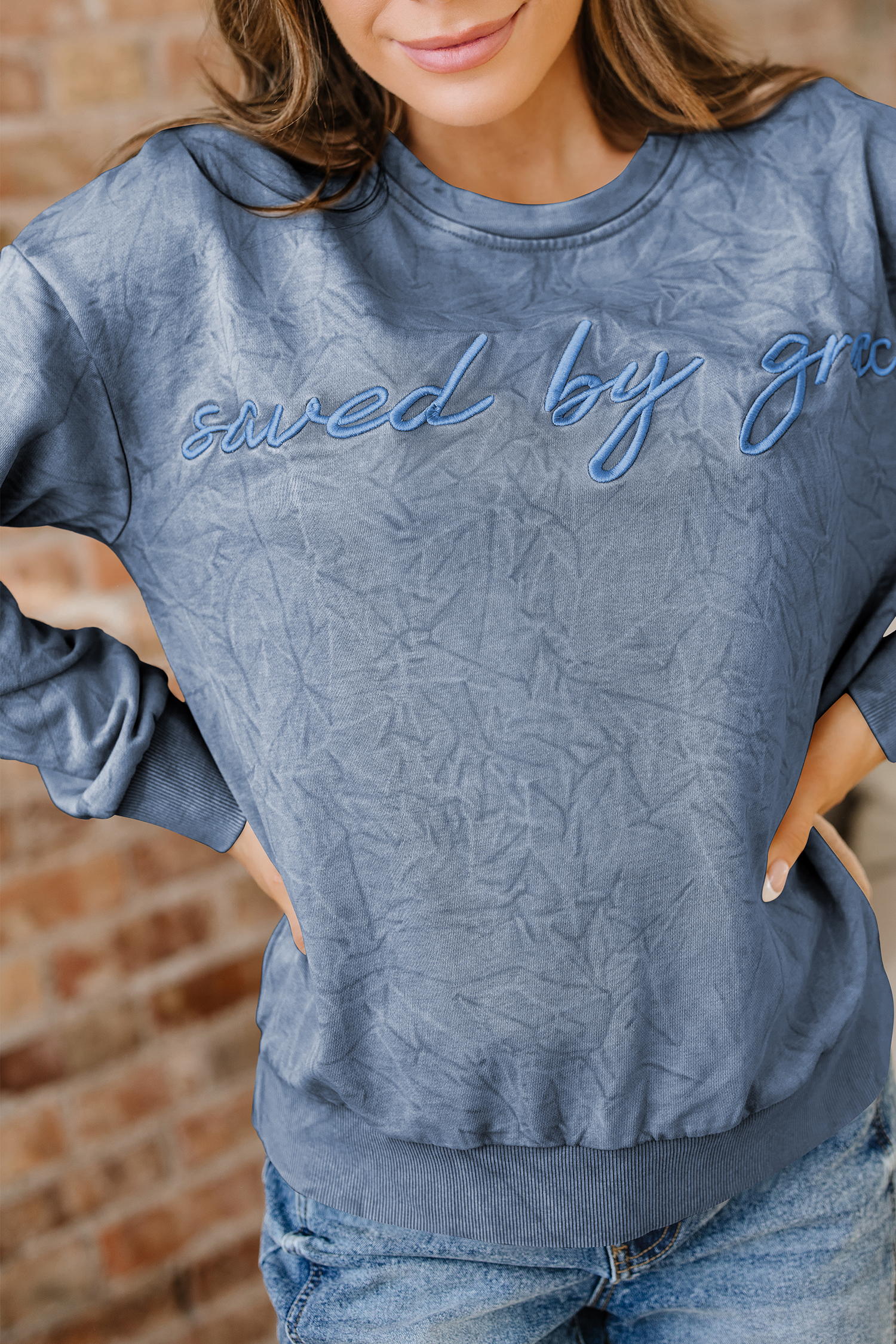 DUNE saved by grace Letter Embroidery Mineral Wash Loose Sweatshirt