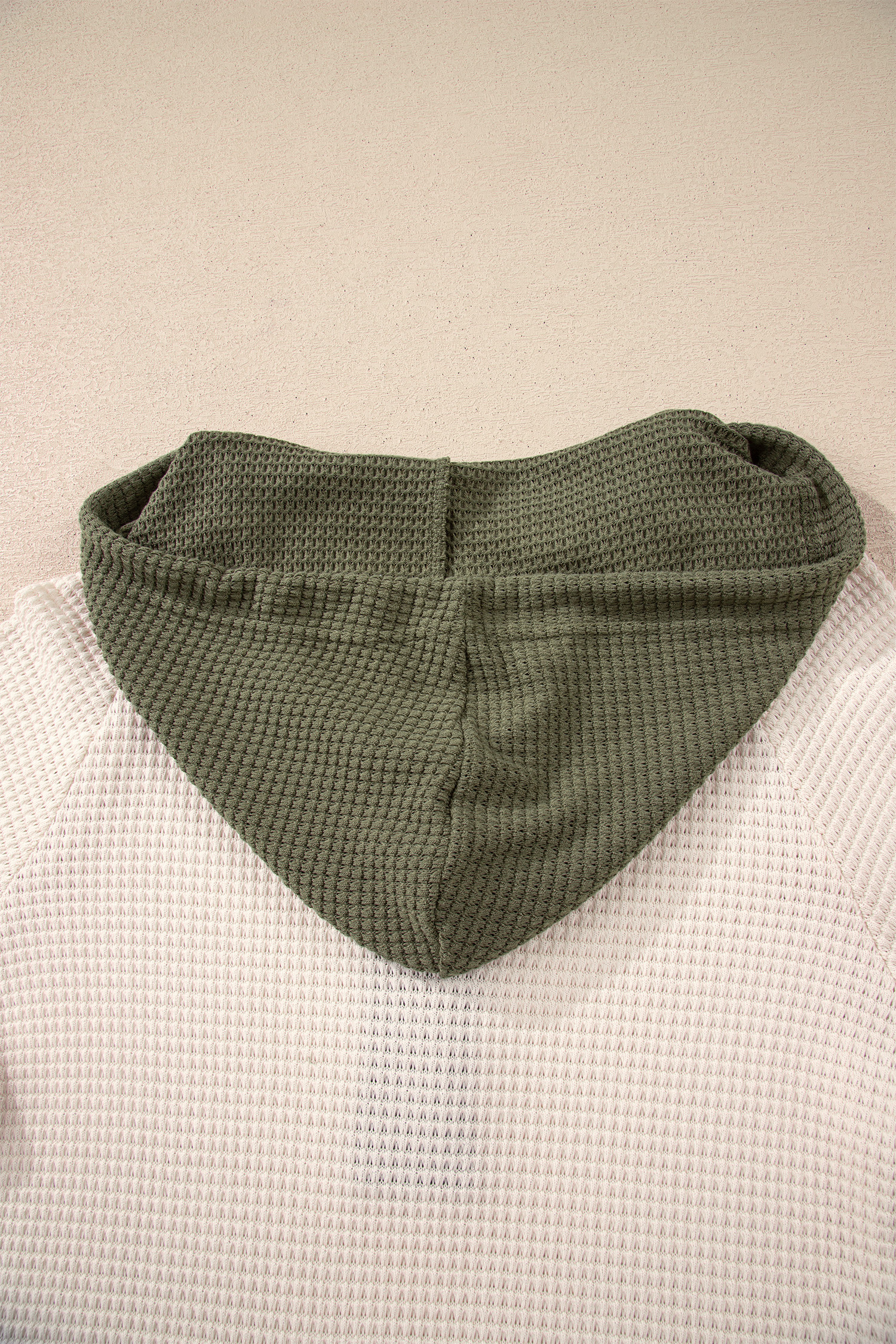 Coffee Waffle Contrast Half Buttoned Hooded Pullover Top