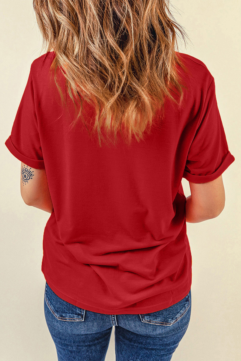 Red Leopard Striped Heart Shaped Print Crew Neck T Shirt