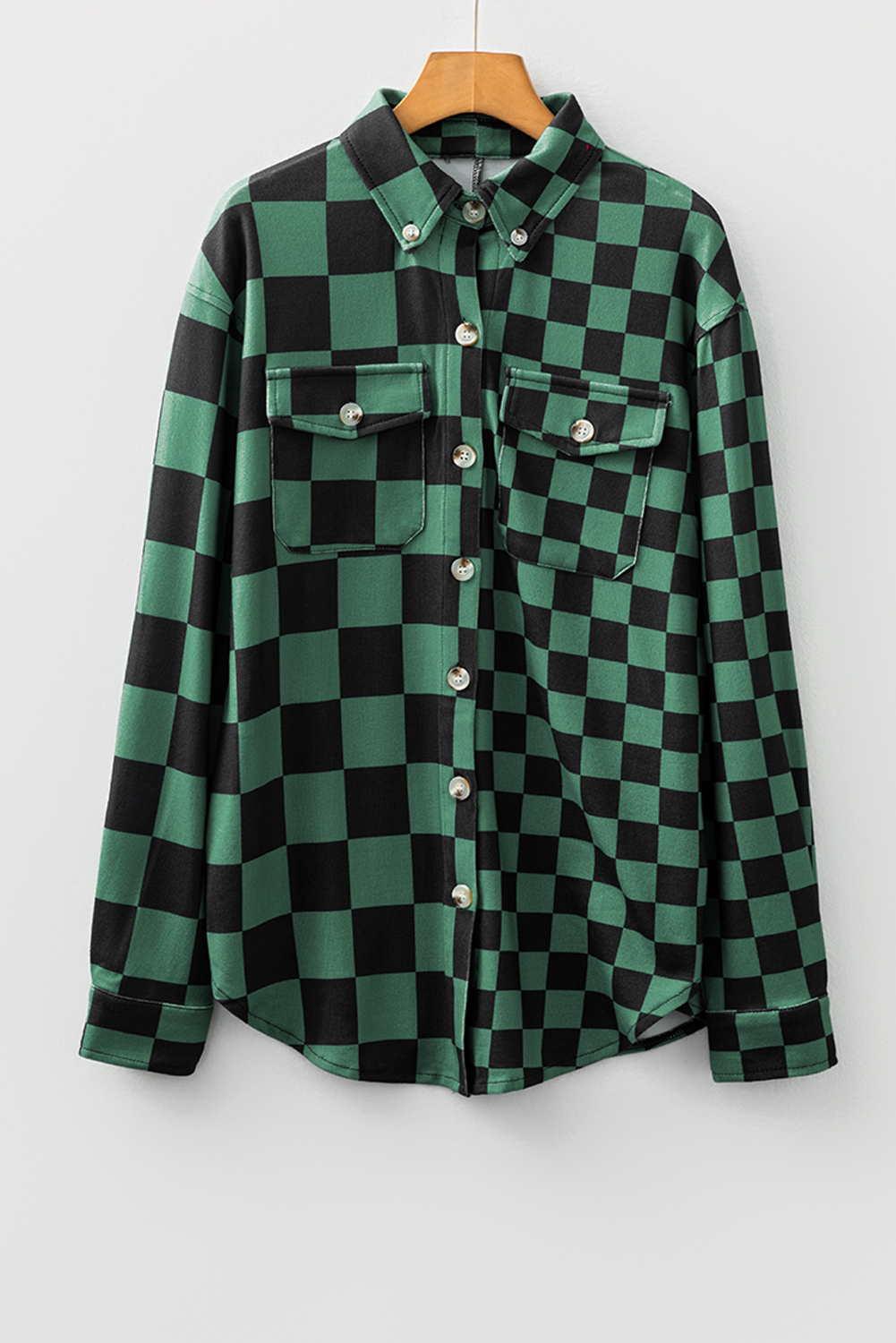 Khaki Checkerboard Flap Pocket Button Front Shacket