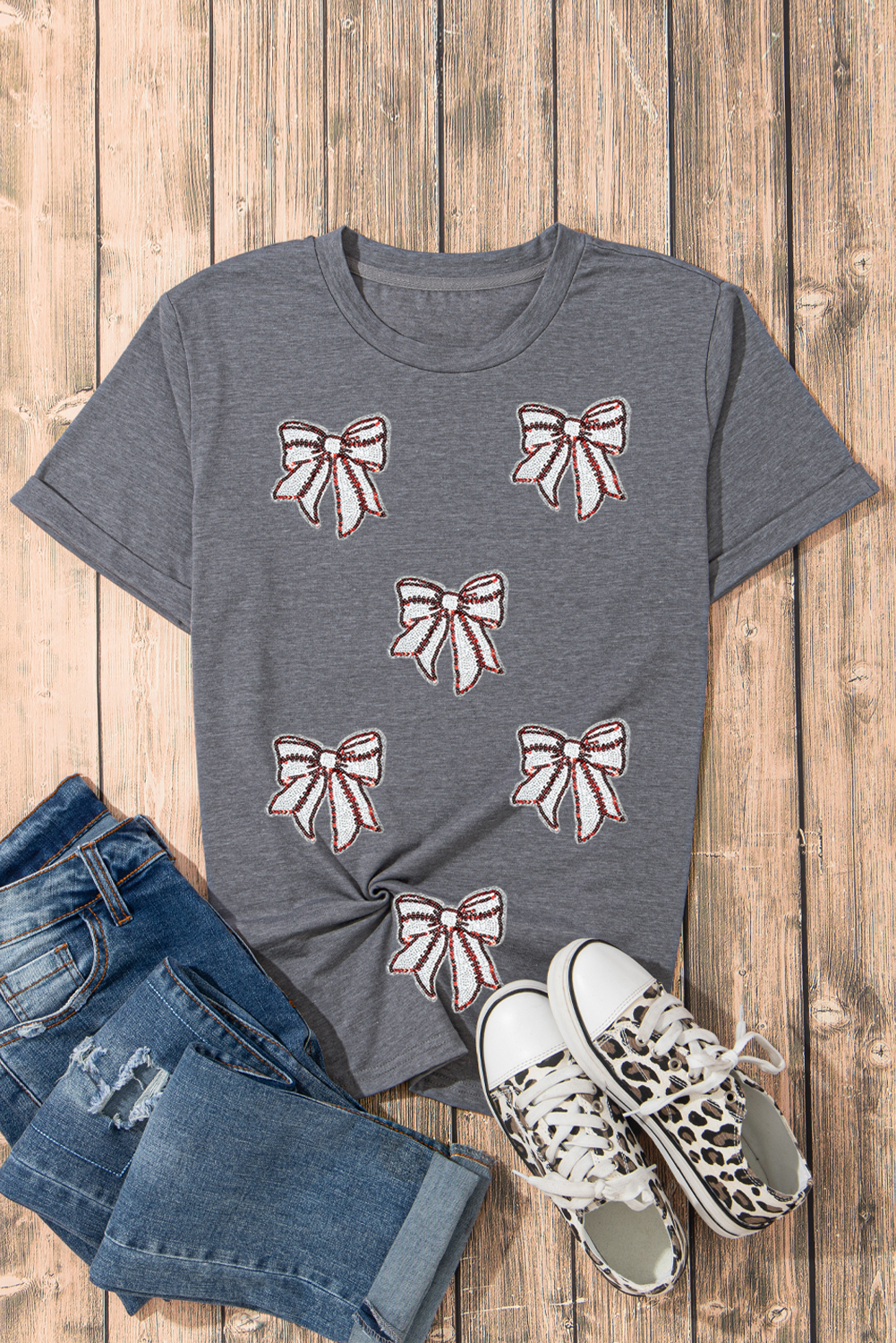 Gray Sequin Bow Baseball Fashion Graphic Tee