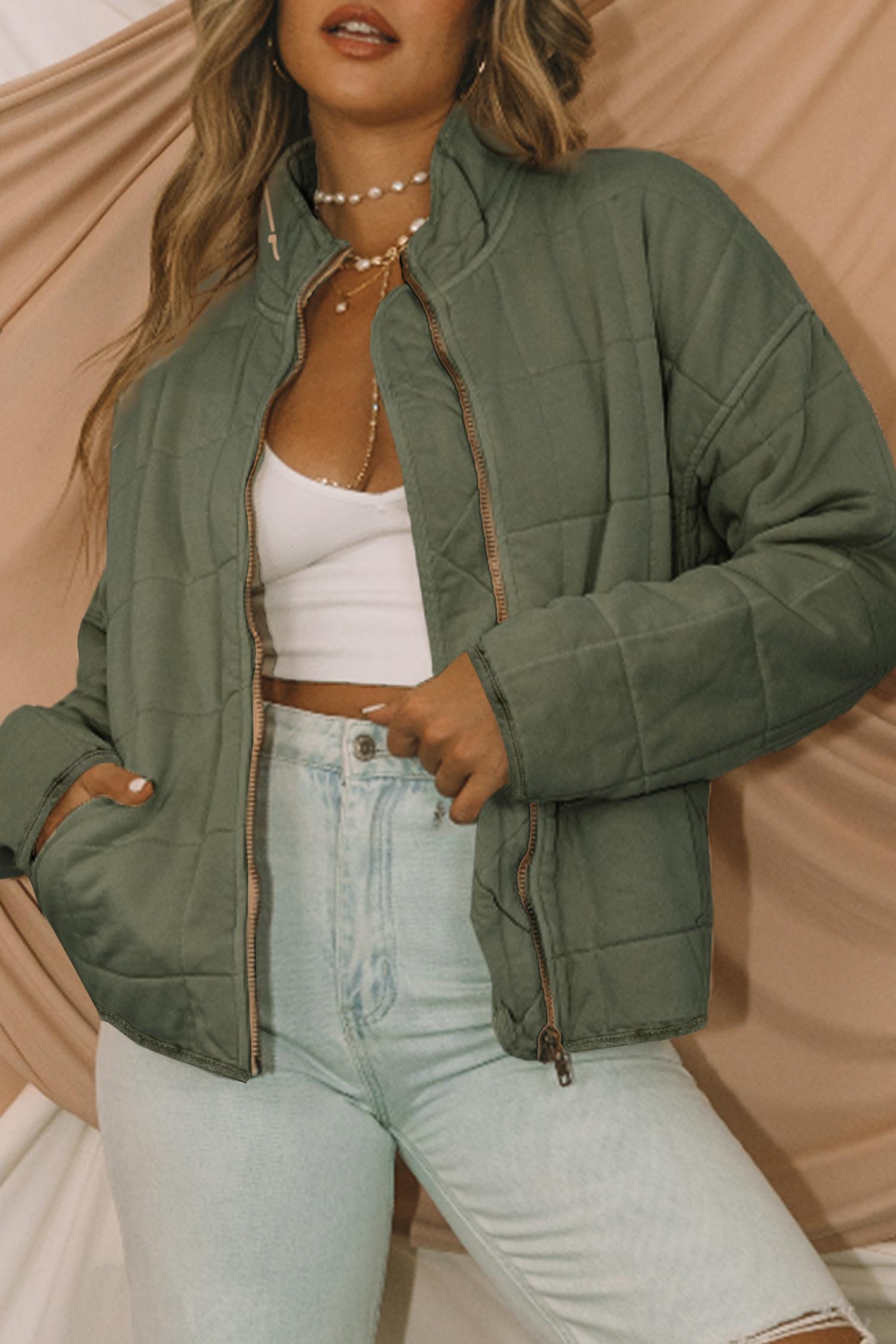 Khaki Zip-Up Pocket Quilted Jacket