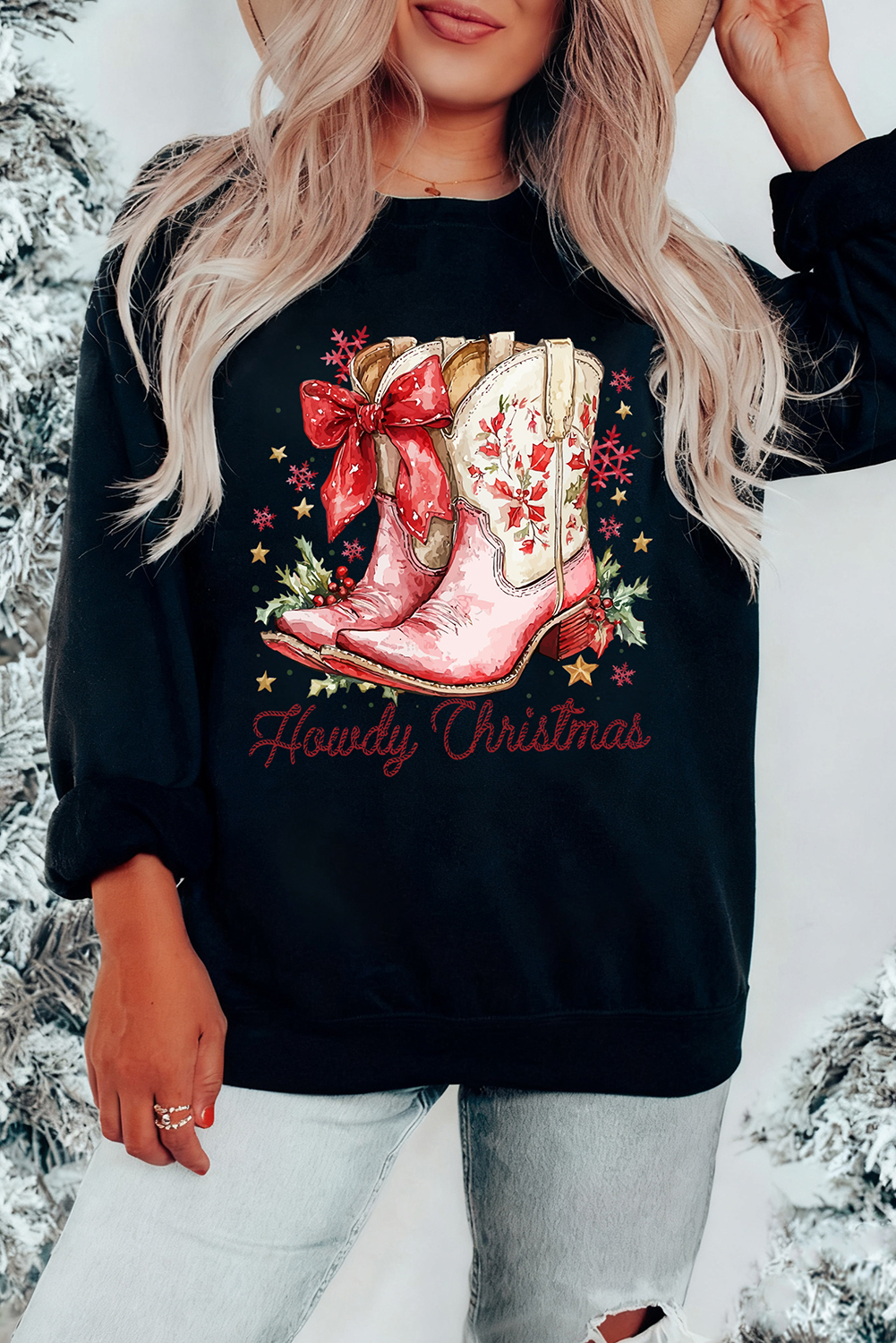 Black Howdy Christmas Cowgirls Boots Printed Baggy Sweatshirt