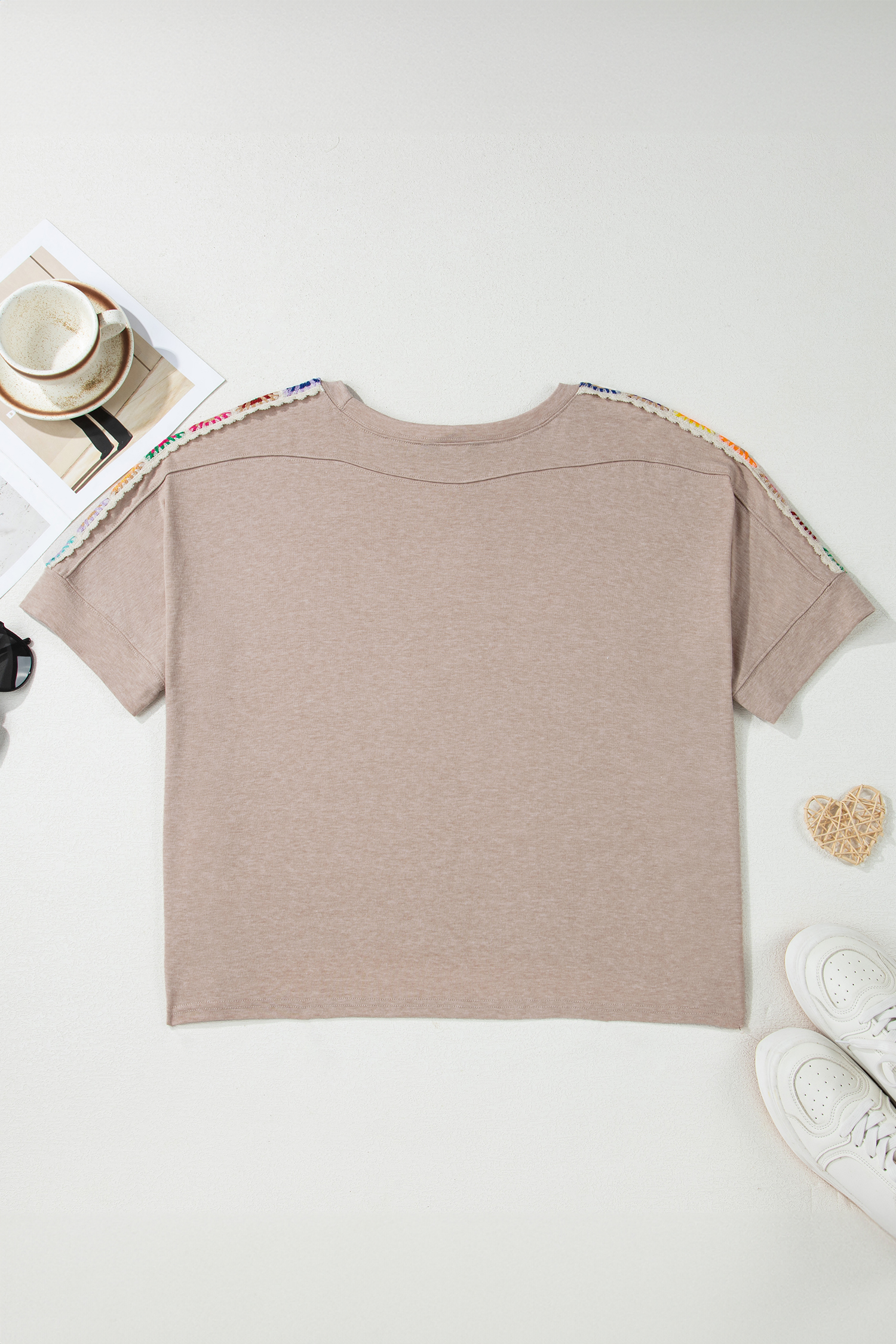 Light Grey Granny Square Crochet Detail Loose T Shirt