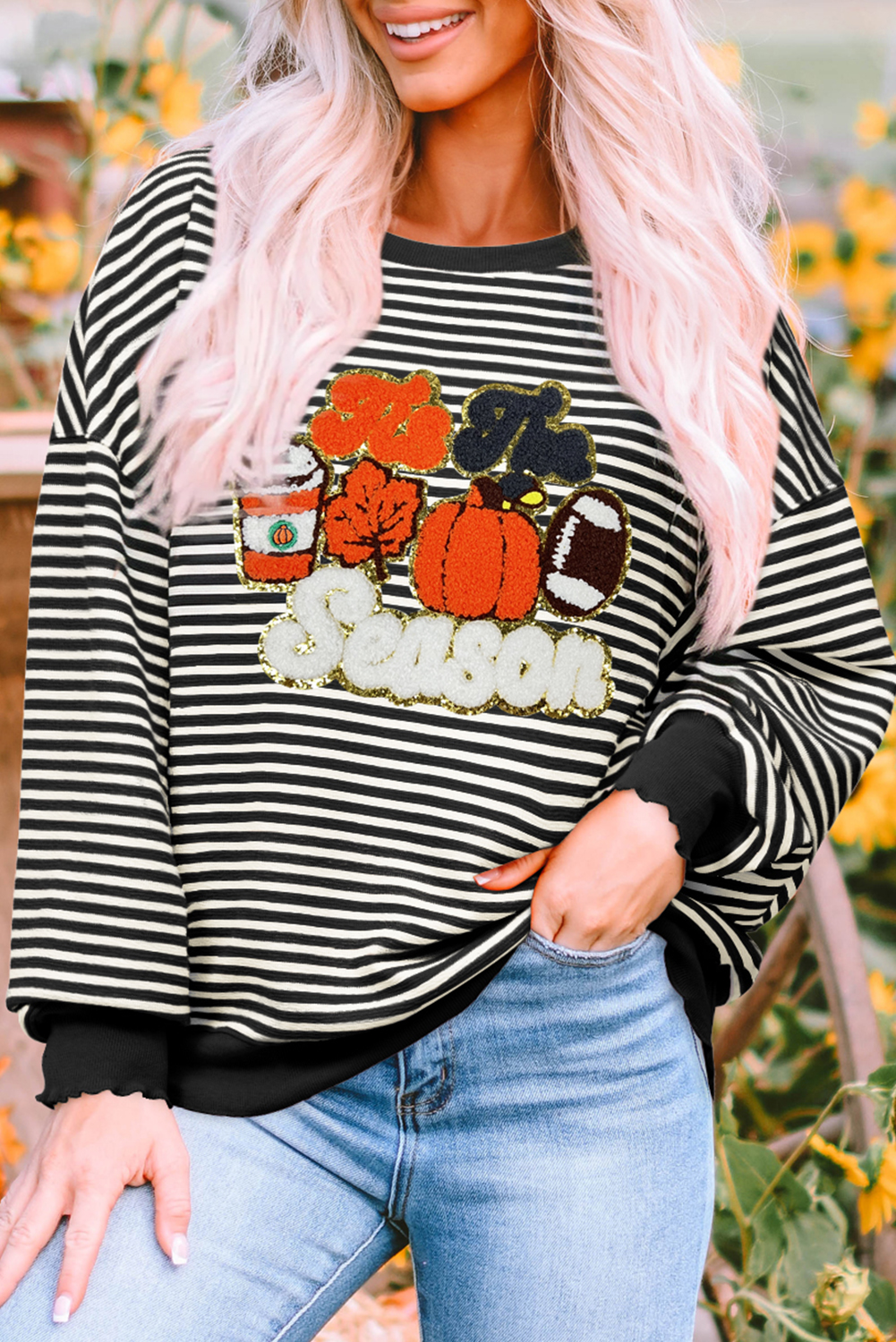 Black Stripe Tis The Season Chenille Patched Graphic Drop Shoulder Long Sleeve Top