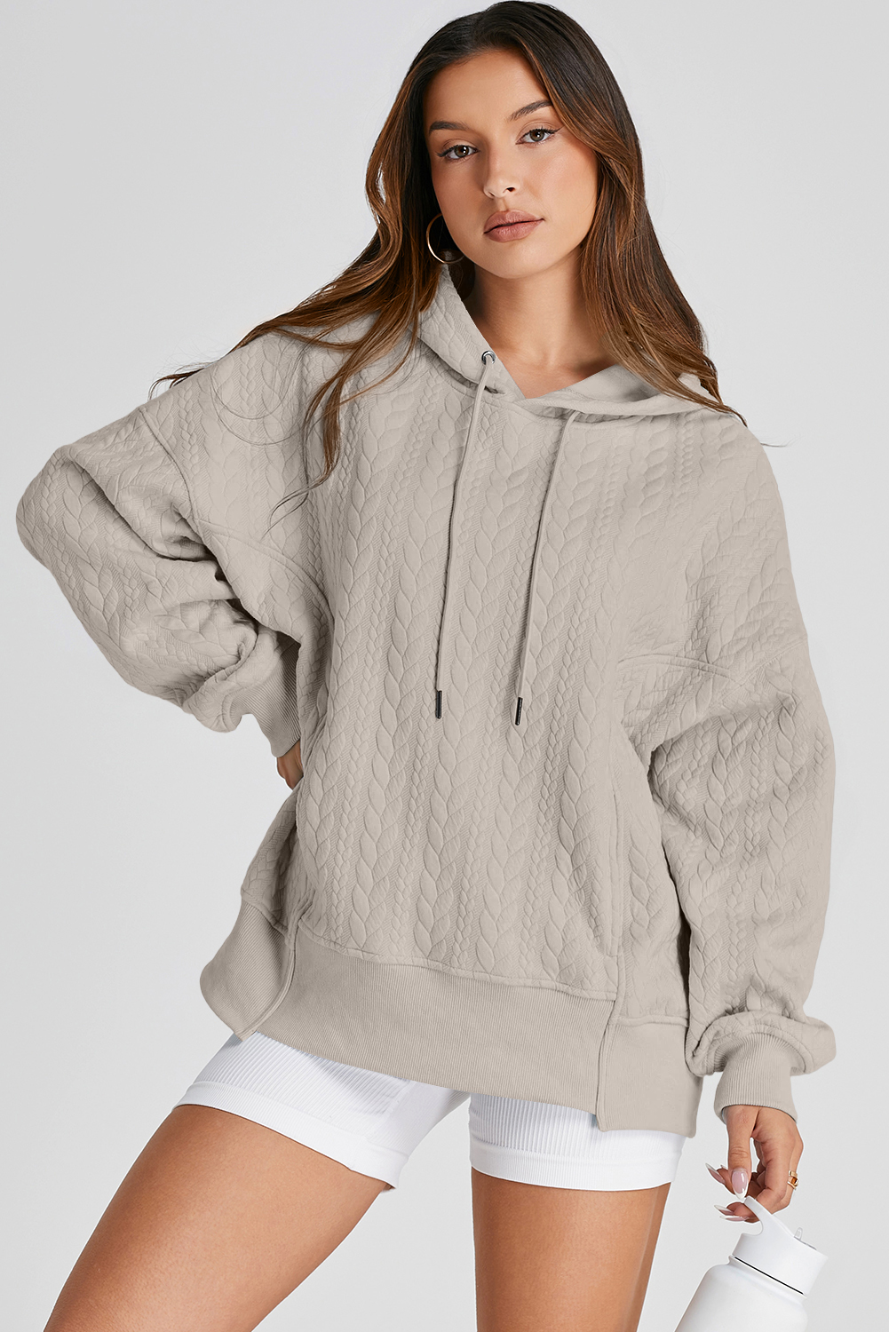 Smoke Gray Cable Textured Baggy Solid Hoodie