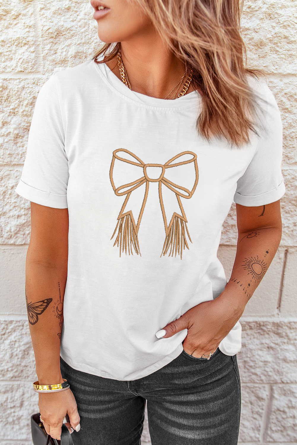 White Tassel Bowknot Embroidered Graphic Print Western Round Neck T Shirt