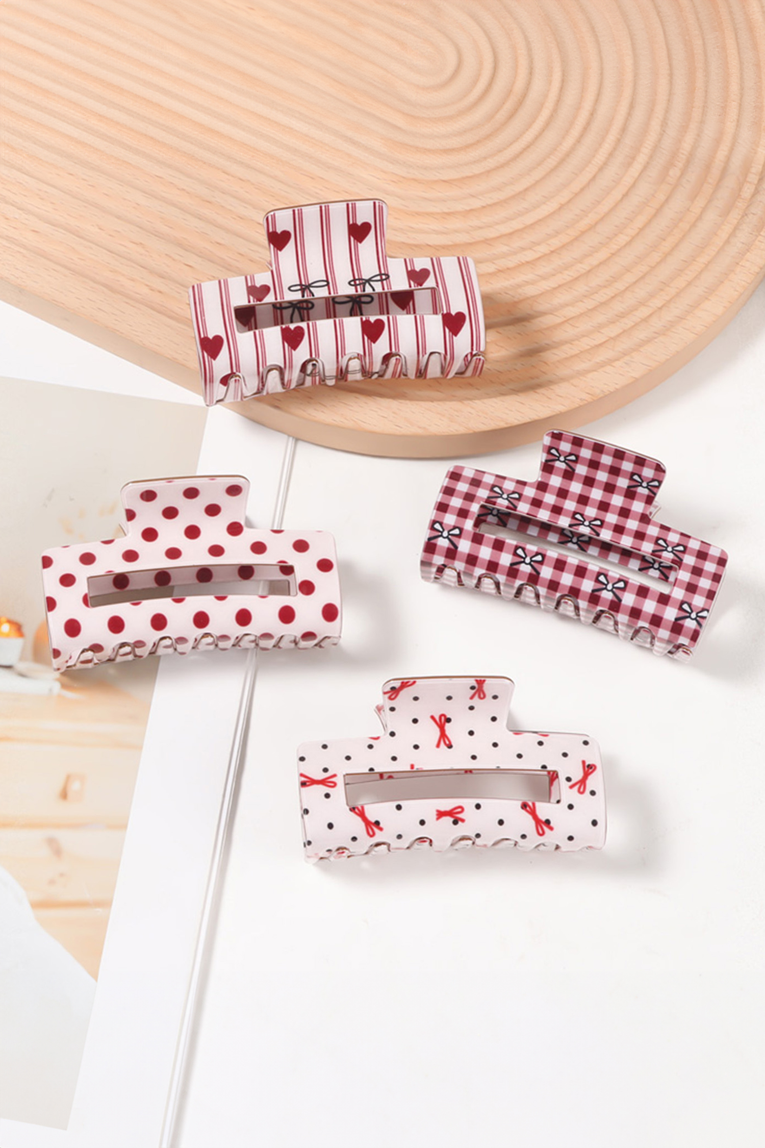 Fiery Red Striped Heart Contrast Bow Printed Rectangle Hair Claw Clip