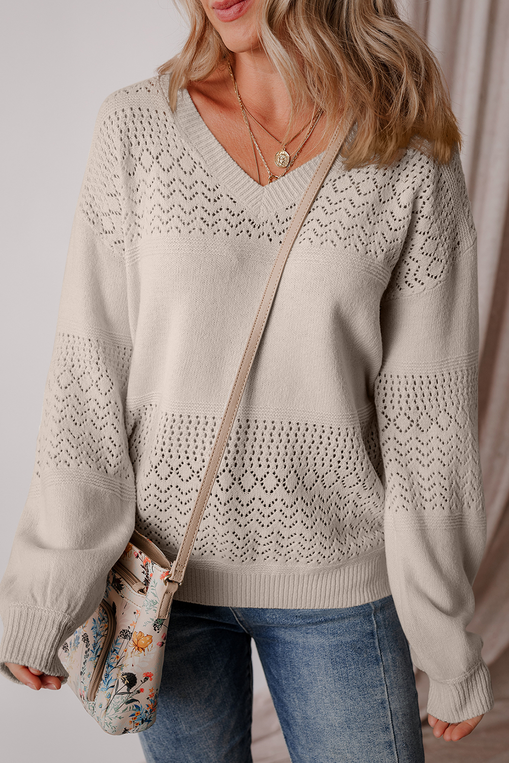 Sky Blue Eyelet Pattern Detail V Neck Drop Shoulder Sweater