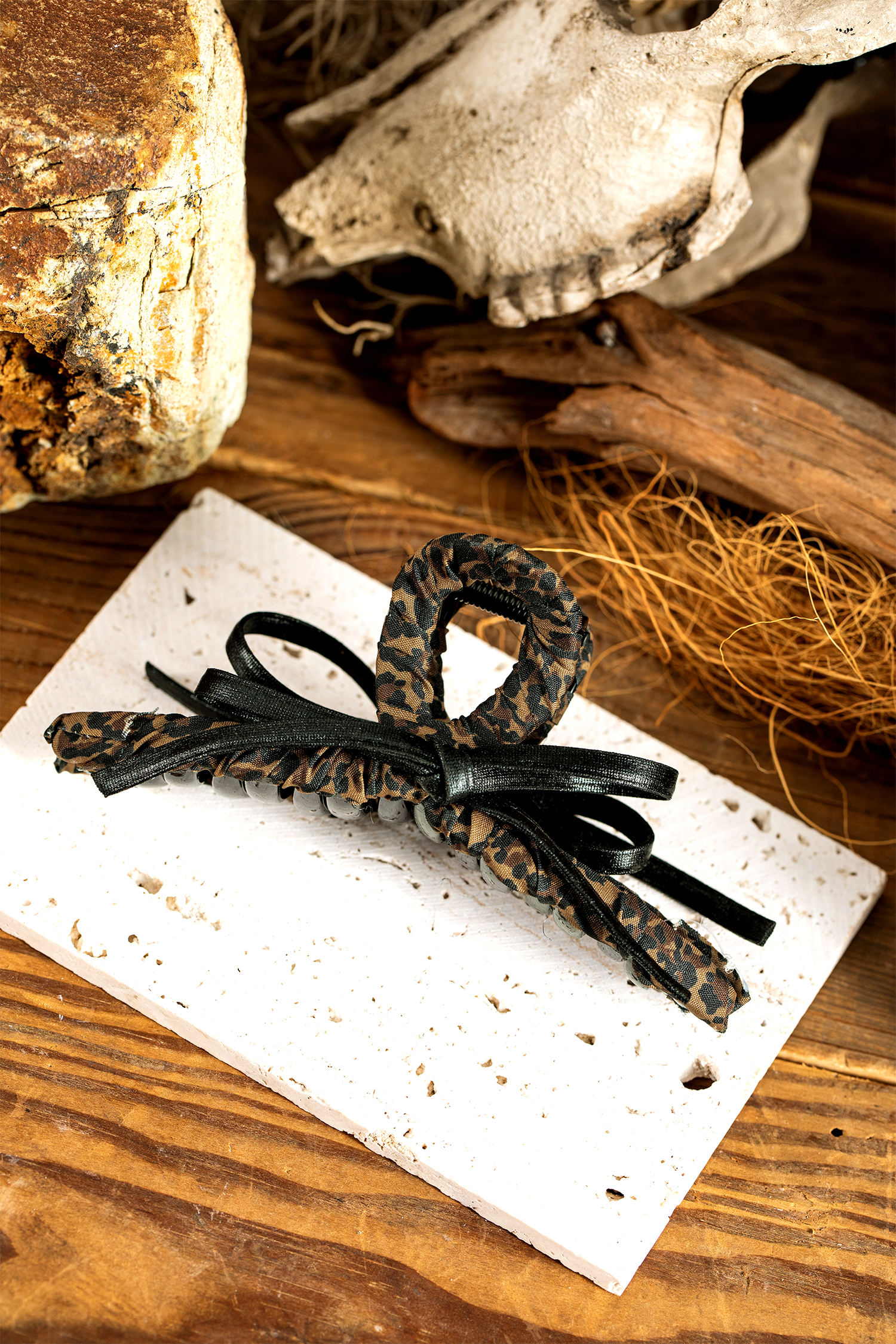 Thai Curry Leopard Cloth Wrap Over Contrast Bow Detail Hair Claw Clip