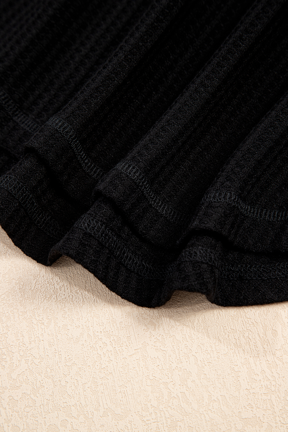 Black Waffle Texture Ribbed V Neck Drop Shoulder Loose Tee