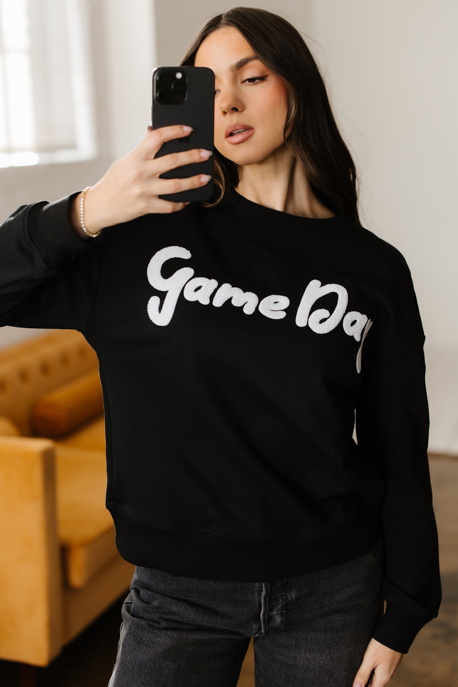 Black Chenille Game Day Graphic Drop Shoulder Sweatshirt