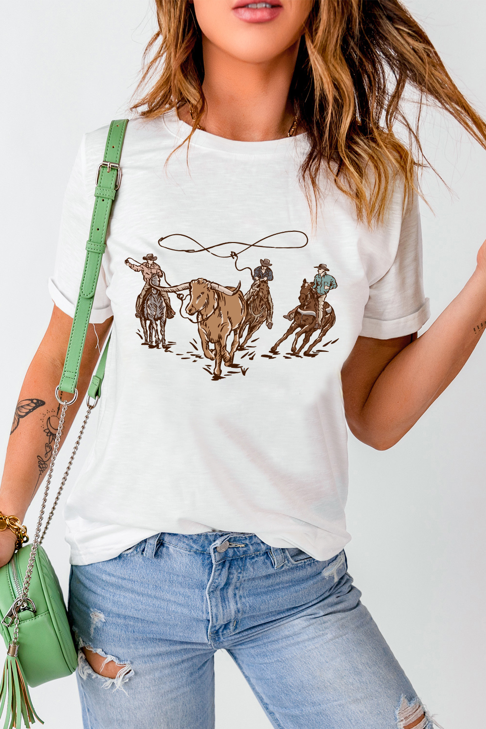 White Retro Cowboy Roping Cotton Blend Graphic Tee