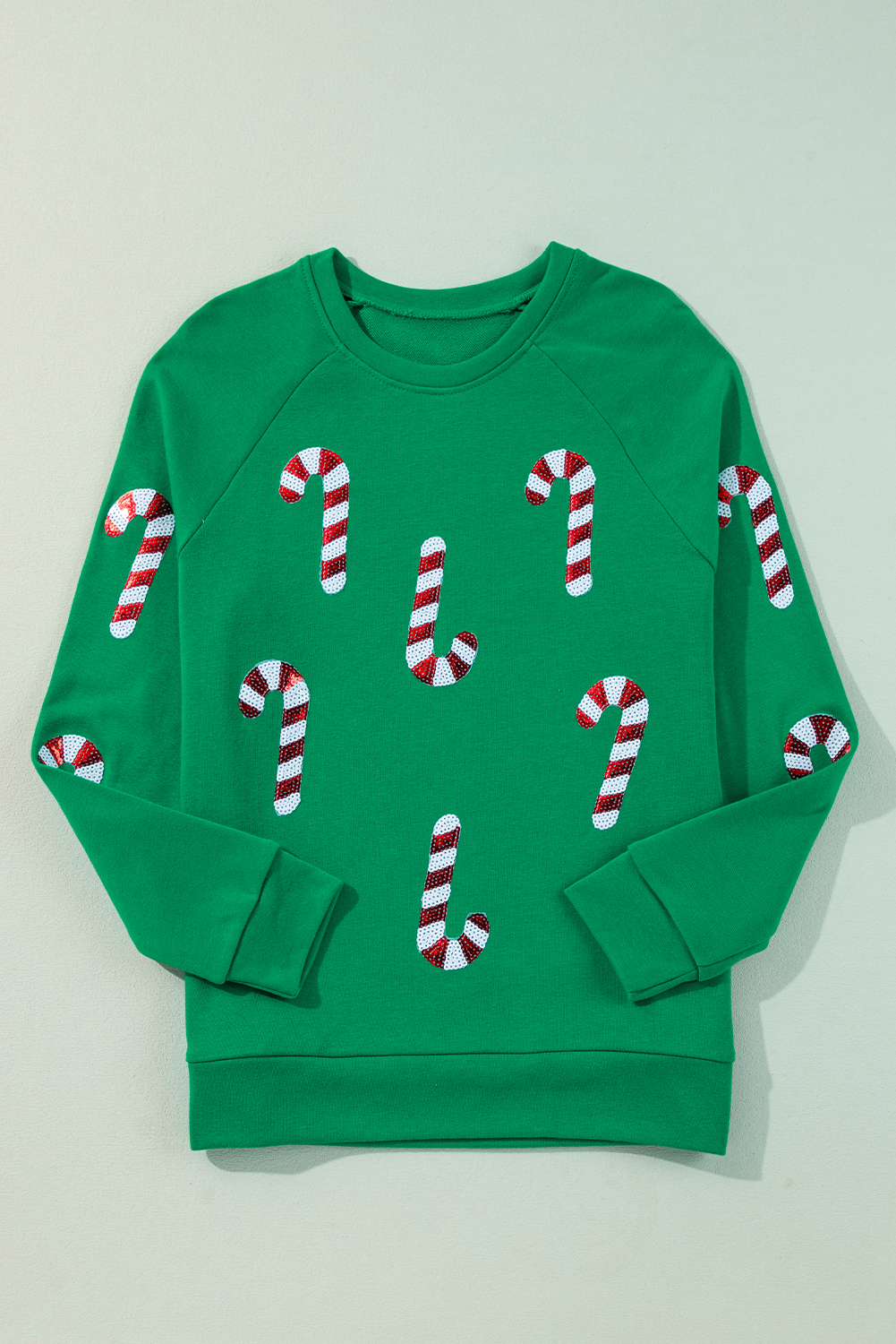 Green Sequin Christmas Candy Cane Graphic Crewneck Pullover Sweatshirt