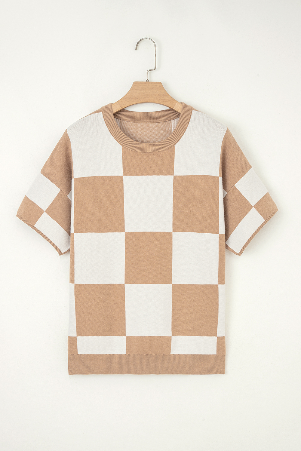 Black Checkered Pattern Loose Drop Shoulder Half Sleeve Sweater