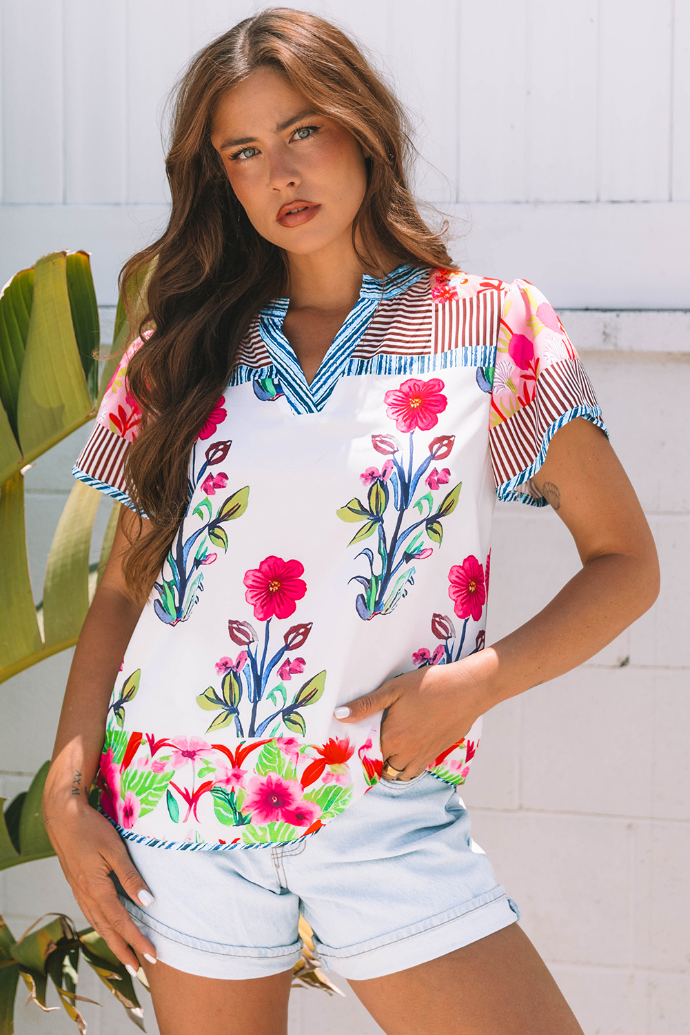Pink Floral Striped Patchwork Short Sleeve Split Neck Blouse