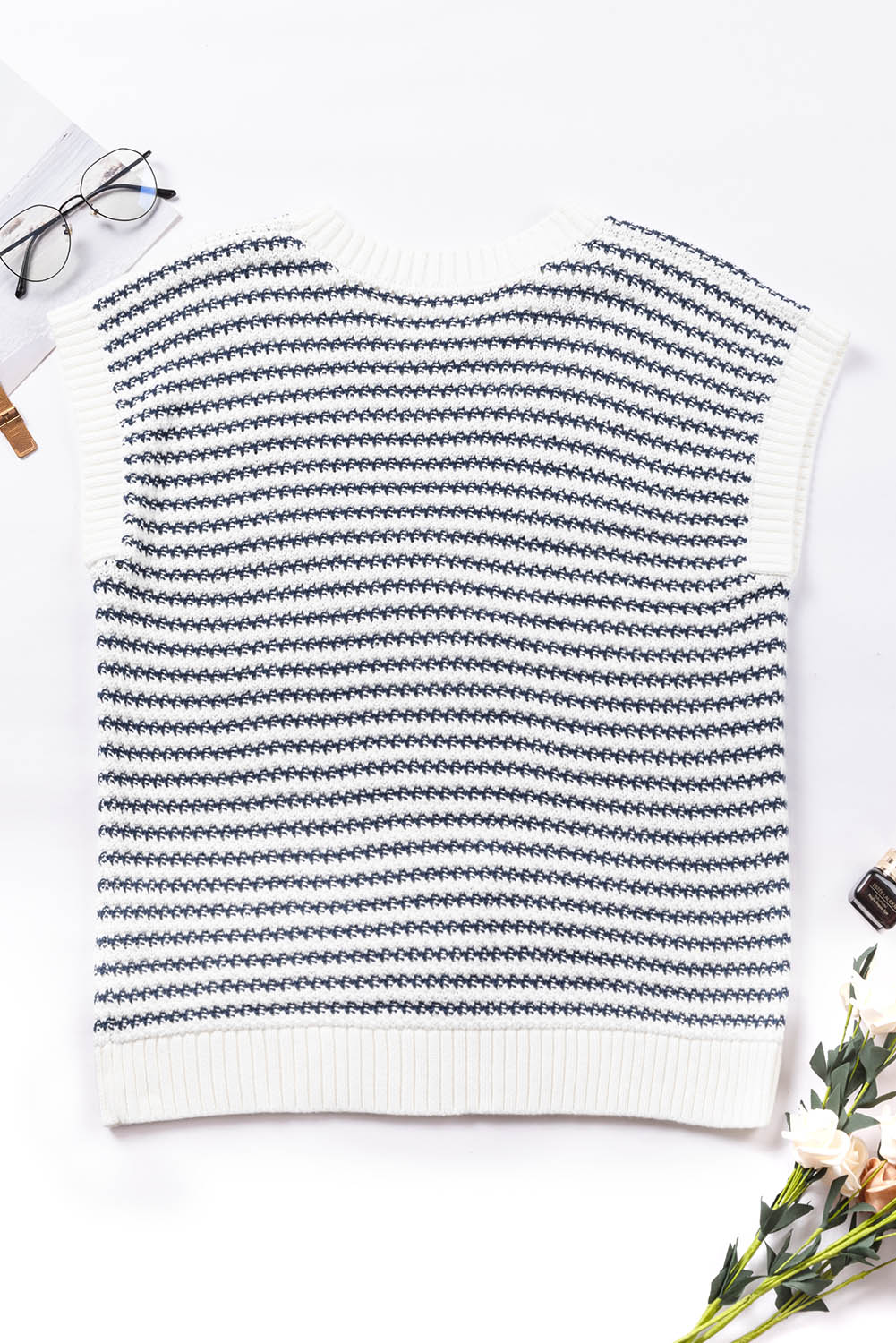 Blue Stripe Ribbed Trim Loose Fit Knitted Sweater Vest