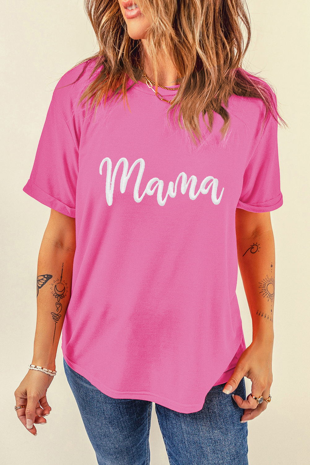 Sachet Pink mama Embroidered Graphic Crewneck Mothers Day T Shirt