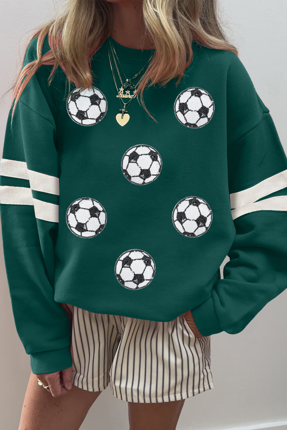 Evergreen Soccer Football Sequin Patched Graphic Oversized Varsity Sweatshirt
