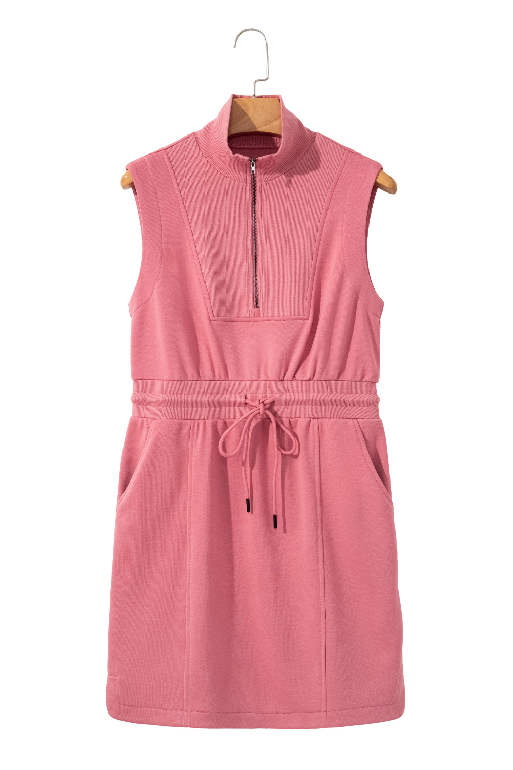 Black French Terry Zipped Collar Sleeveless Drawstring Waist Mini Dress