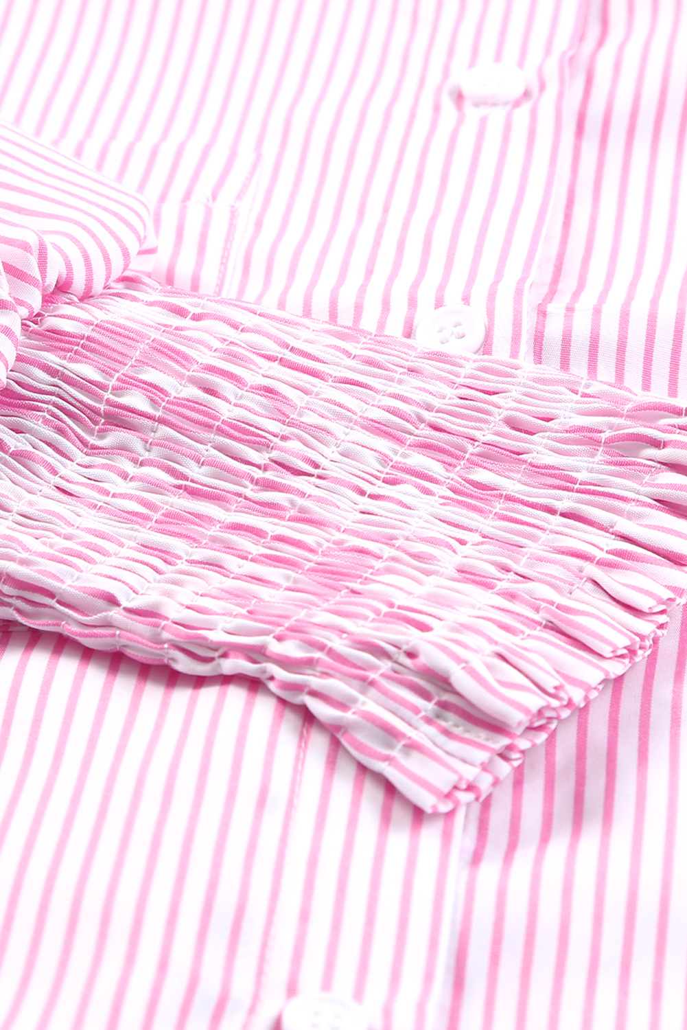 Red Stripe Smocked Cuffed Striped Boyfriend Shirt with Pocket