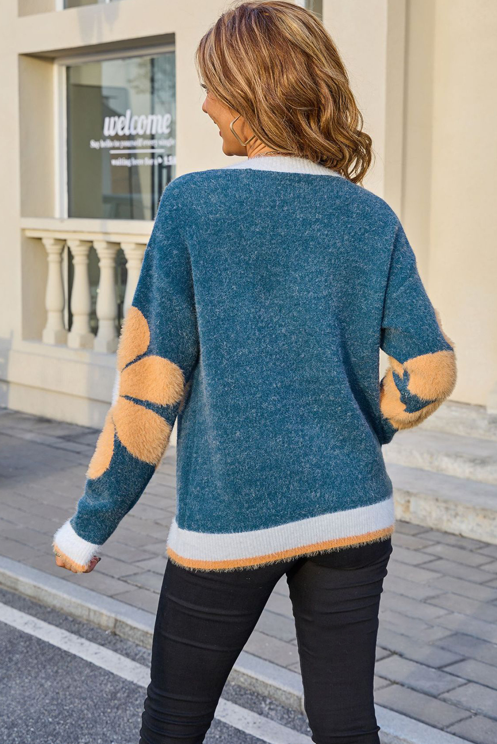 Sail Blue Plush Flower Pattern Ribbed Detail Cozy Sweater