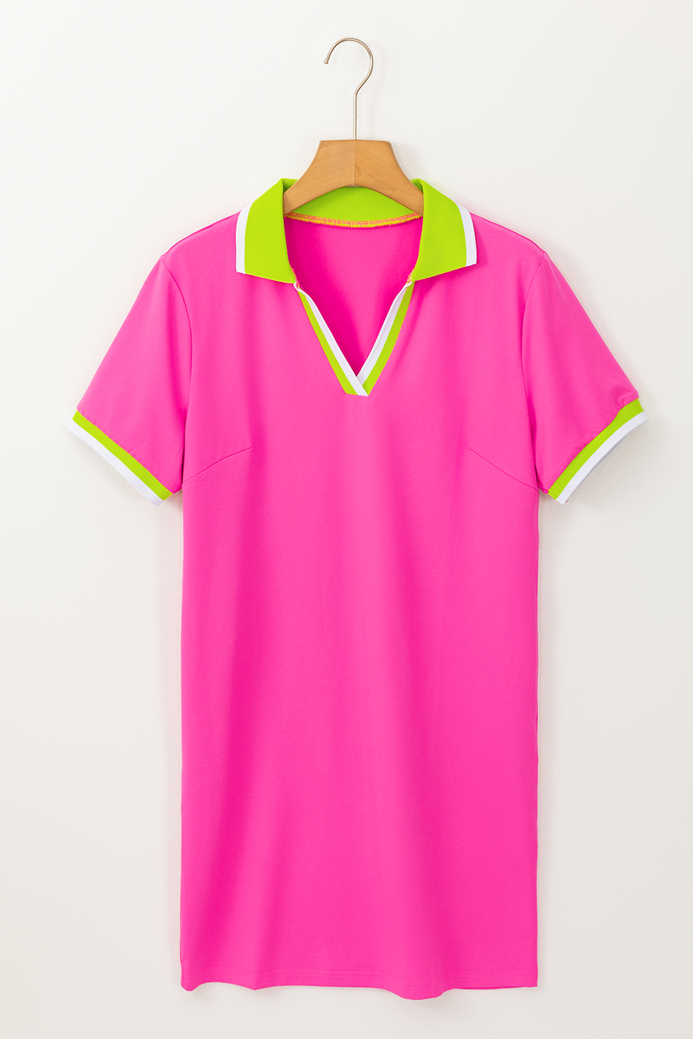 Rose Red Contrast Trim V Neck T-shirt Dress