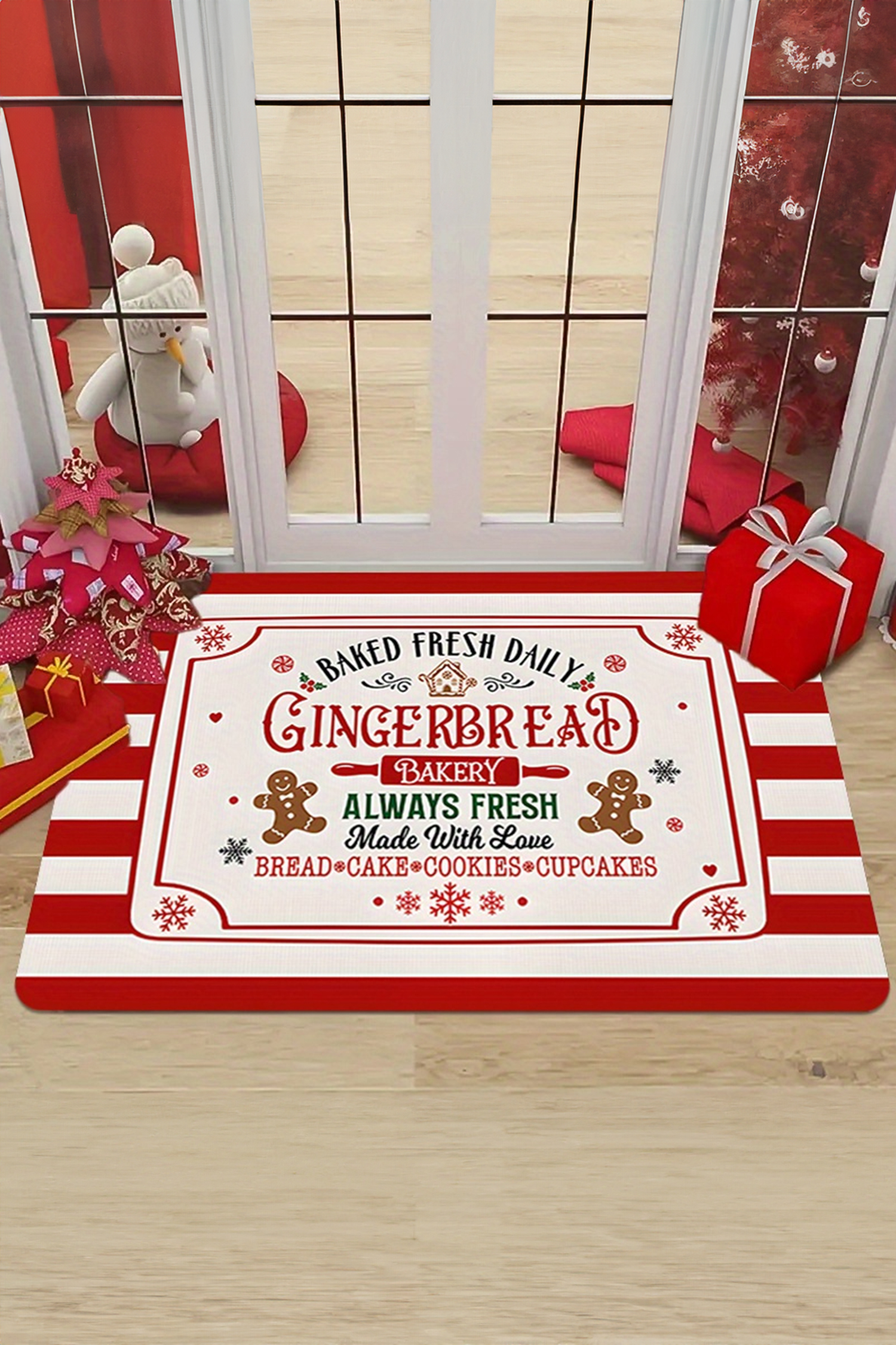 Fiery Red Candy Cane Stripe Gingerbread Print Christmas Crystal Velvet Door Mat