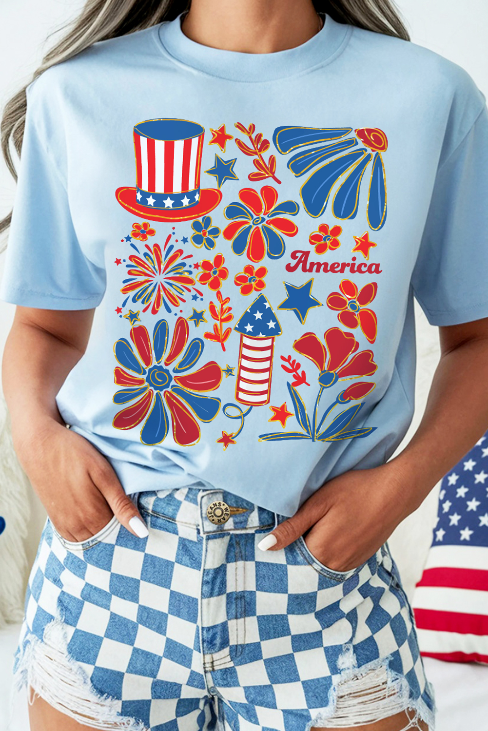 Light Blue America Floral Firework Print 4th of July T Shirt
