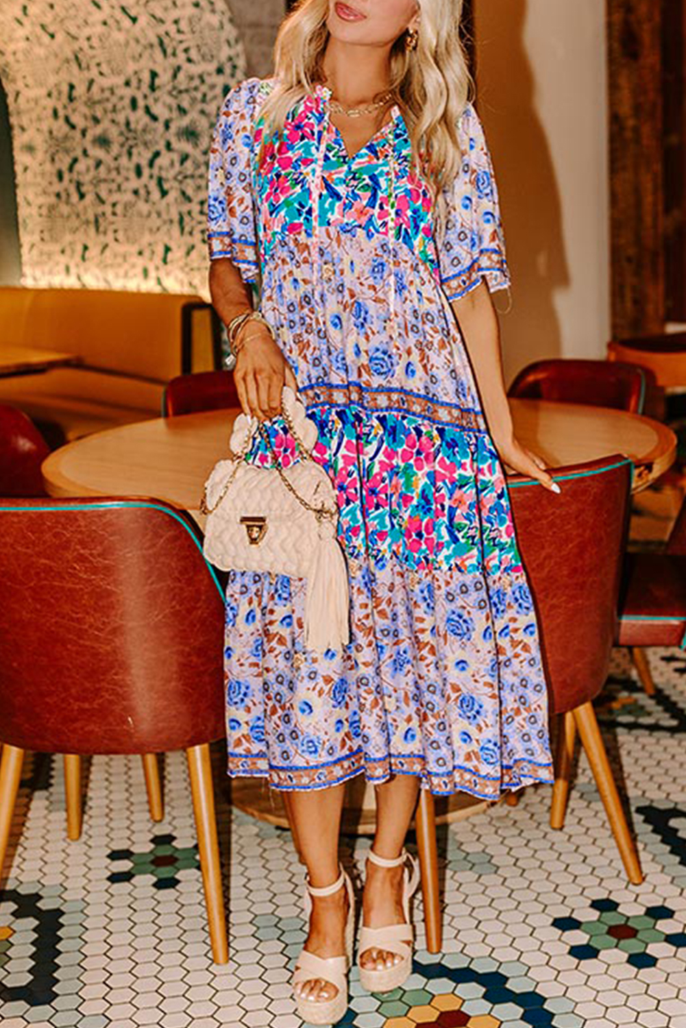 Sky Blue Mixed Floral Print Tie Split Neck Short Sleeve Dress