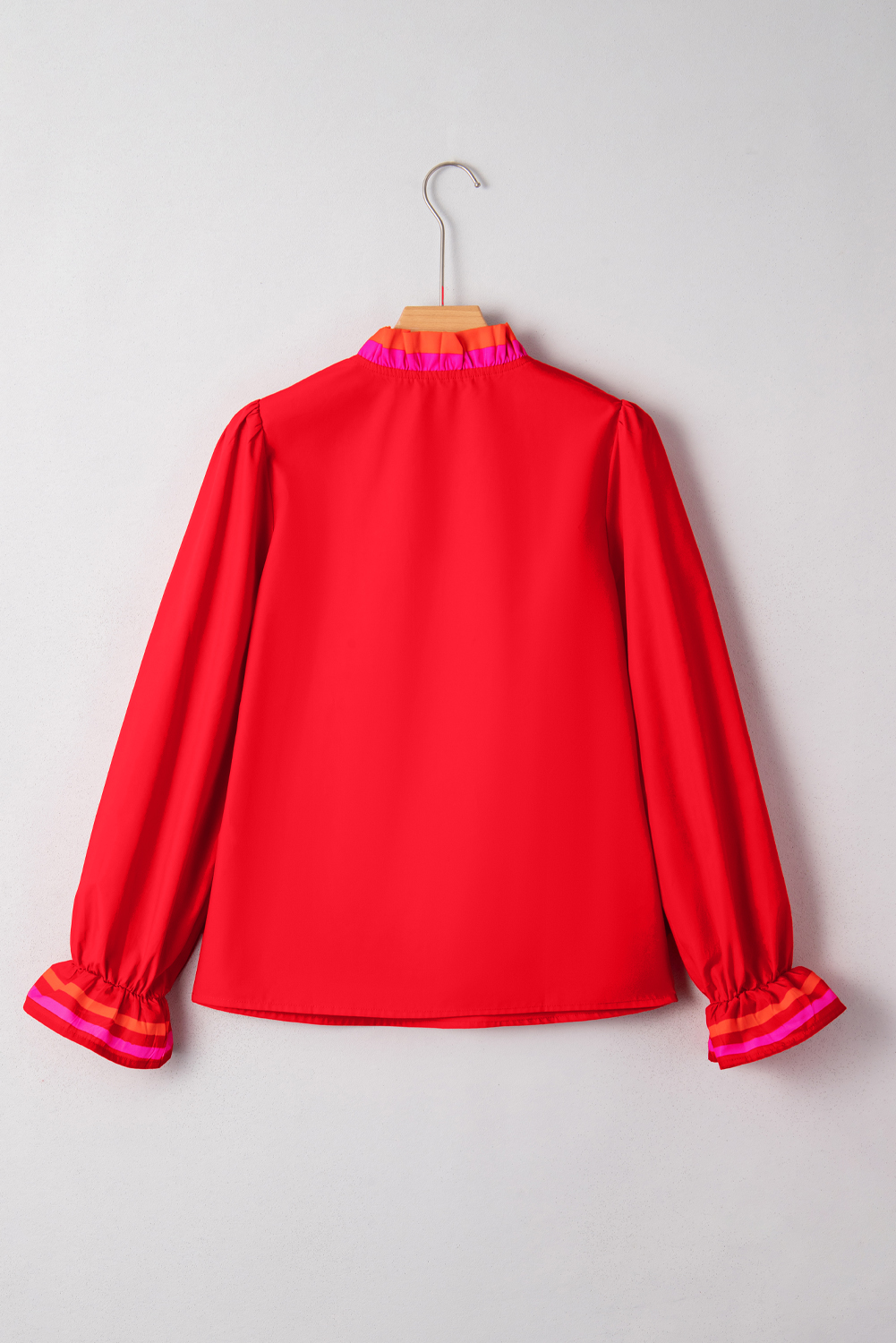 Four Leaf Clover Striped Trim Ruffle Split Neck Long Sleeve Blouse