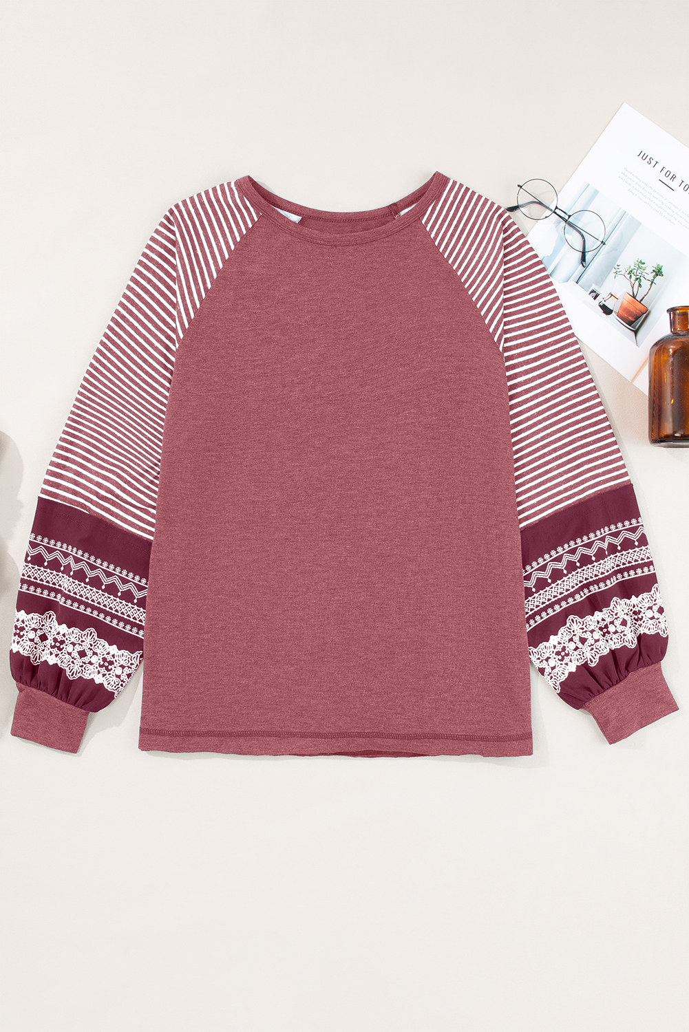 Tillandsia Purple Contrast Print Striped Raglan Long Sleeve Loose Top