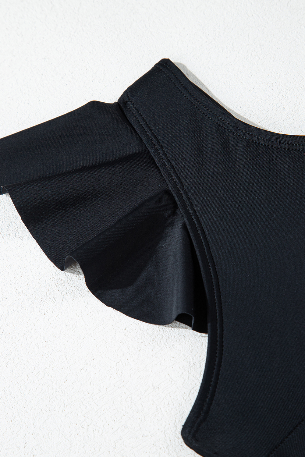 Black Asymmetric Ruffle Shoulder Pleated One Piece Swimsuit