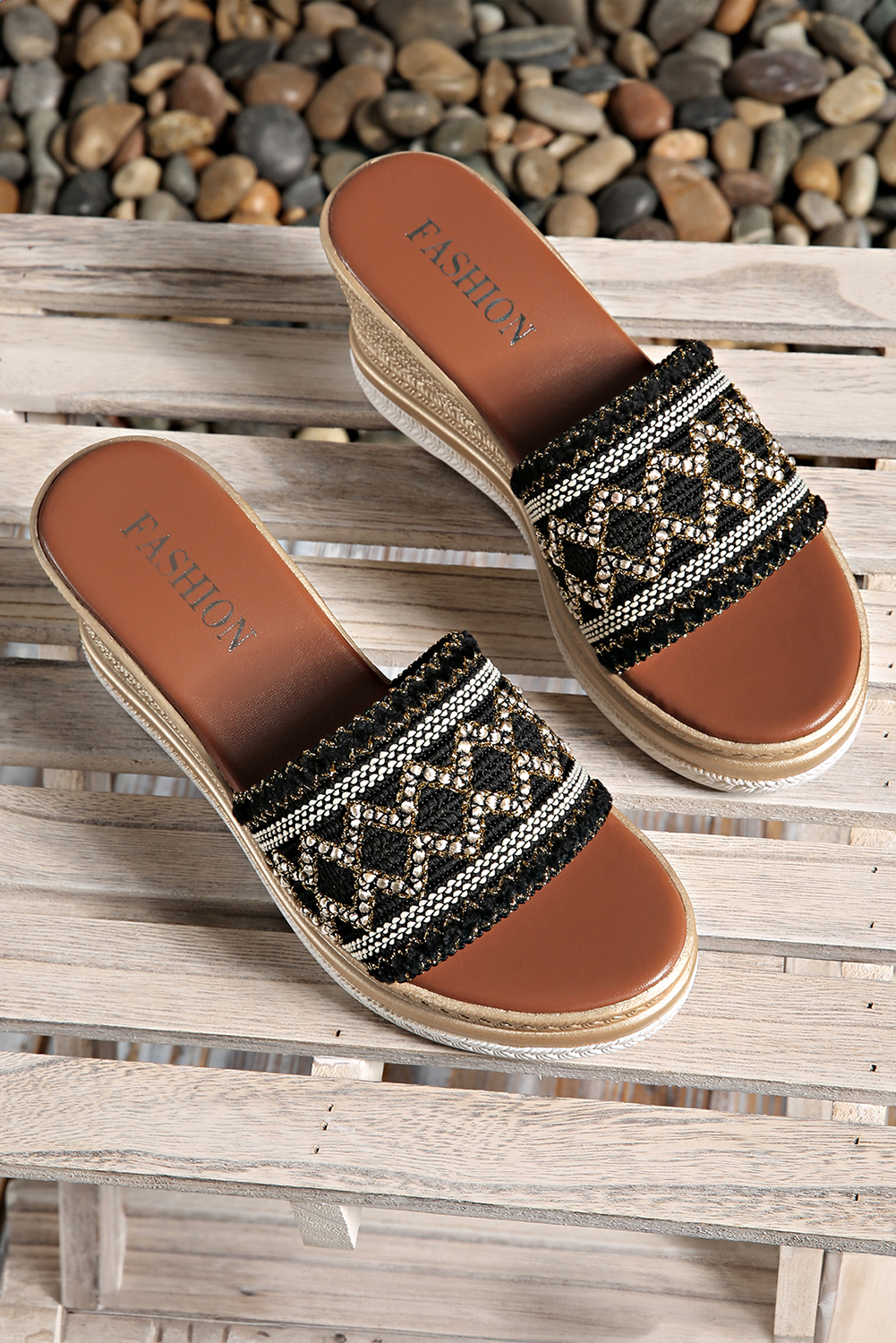 Black Woven Band PU Leather Wedge Slippers