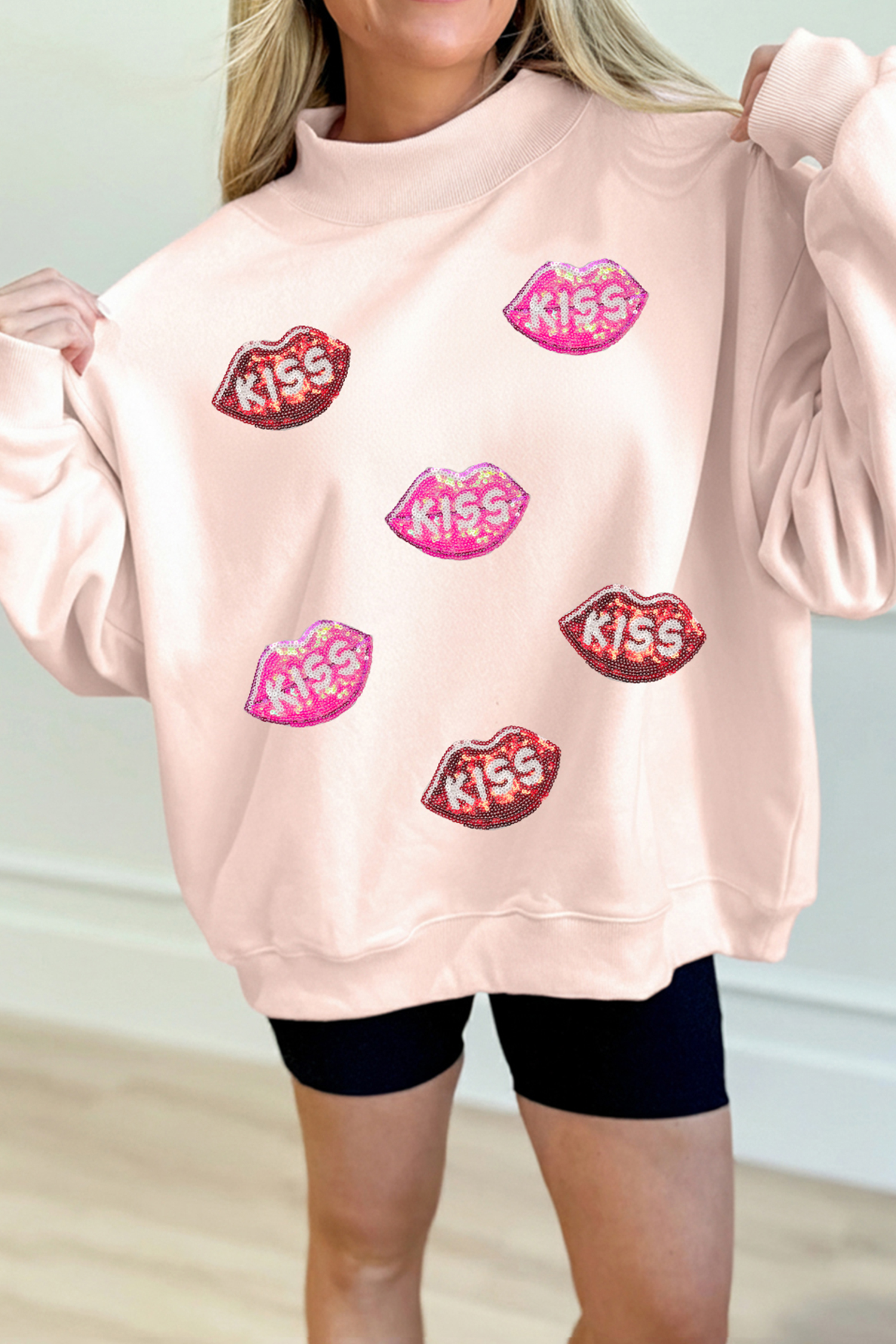 Apricot Pink Cowgirl Element Embroidered Detail Mock Neck Sweatshirt