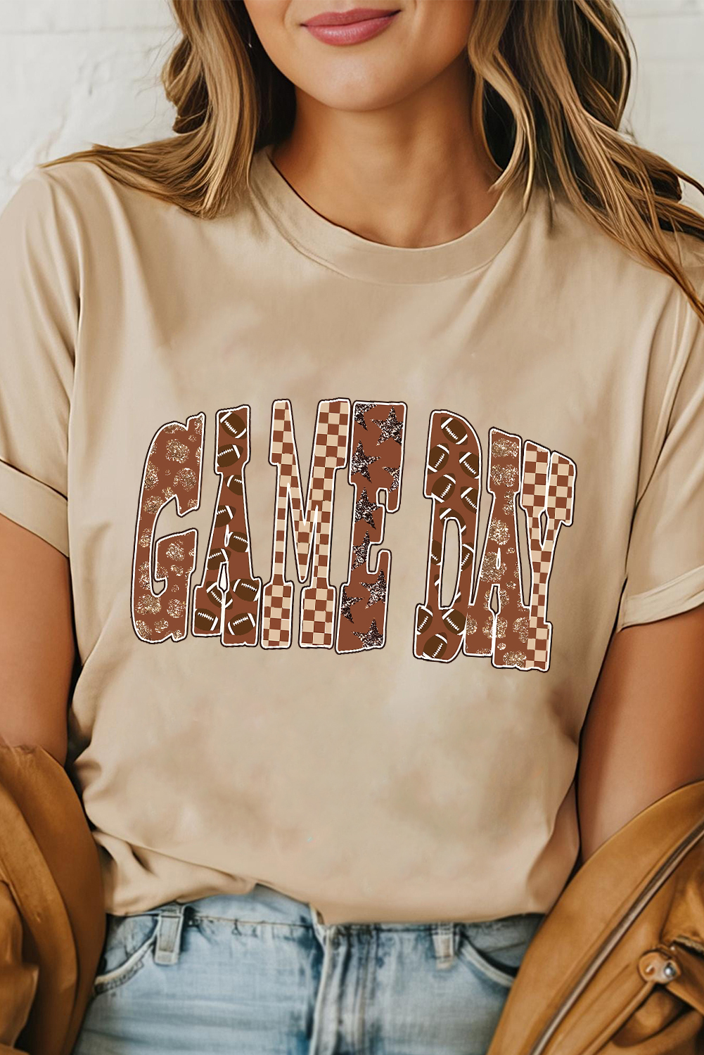 Khaki GAME DAY Rugby Checkered Letter Graphic T Shirt