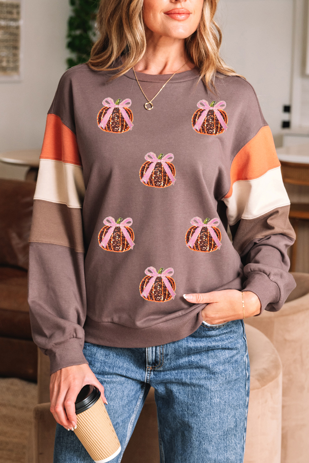Dark Khaki Color Block Patchwork Sequin Bow Pumpkin Graphic Sweatshirt