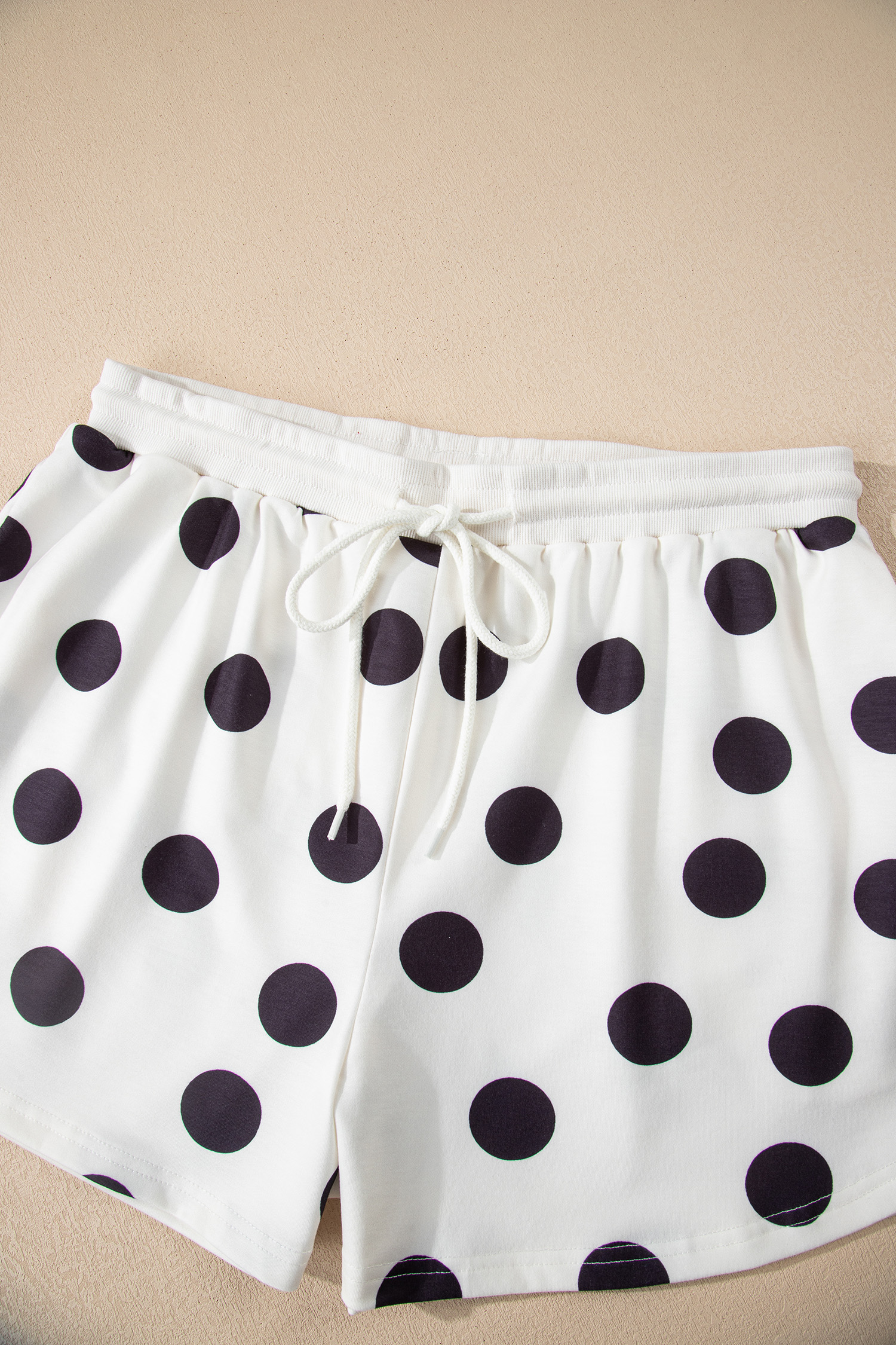 Beige Polka Dot Print Drop Shoulder Pullover Drawstring Jogger Pant Set
