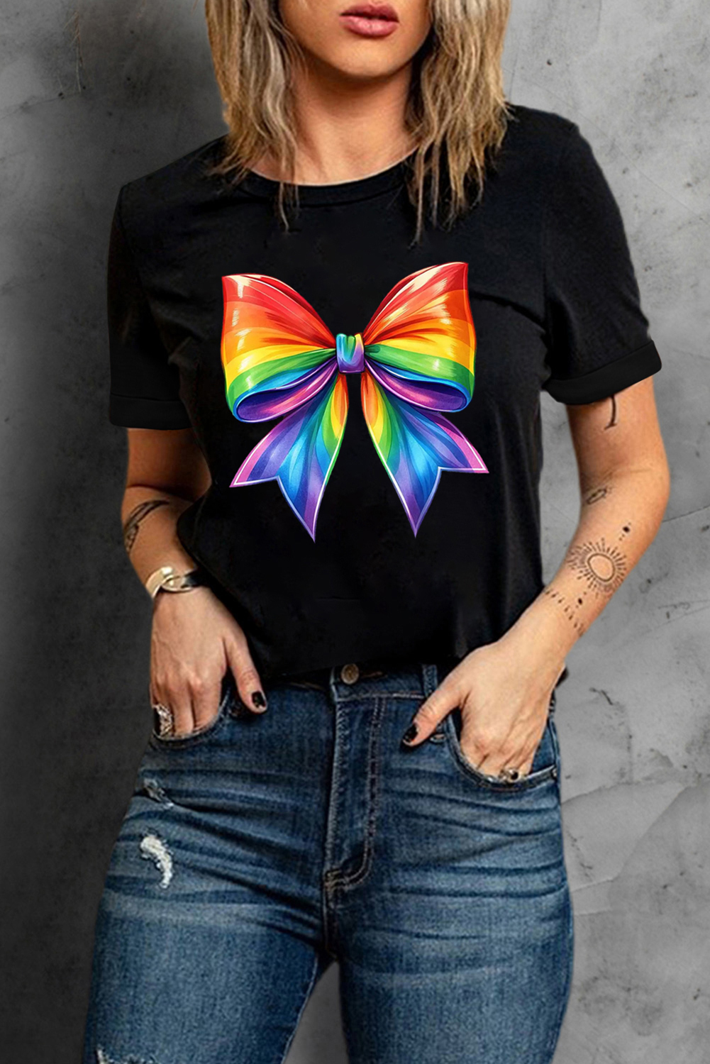 Black Pride Bow Graphic Round Neck T Shirt