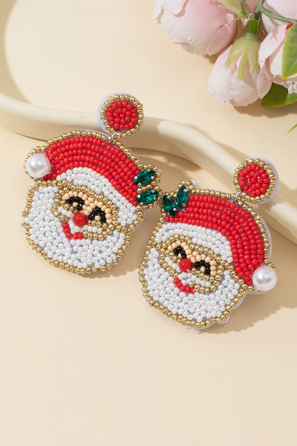 Gold Pearl Gemstone Embellished Beading Santa Claus Earrings