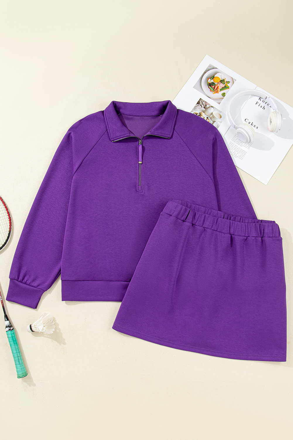 Dark Blue Half Zip Sporty Pullover Mini Skort 2pcs Outfit