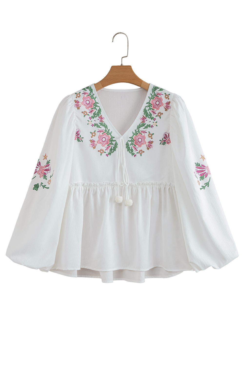 White Flower Print Lace-up V Neck Babydoll Blouse