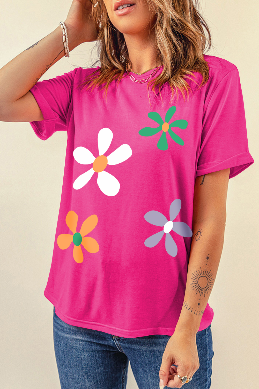 Rose Red Summer Flower Print Fashion Cotton Tee