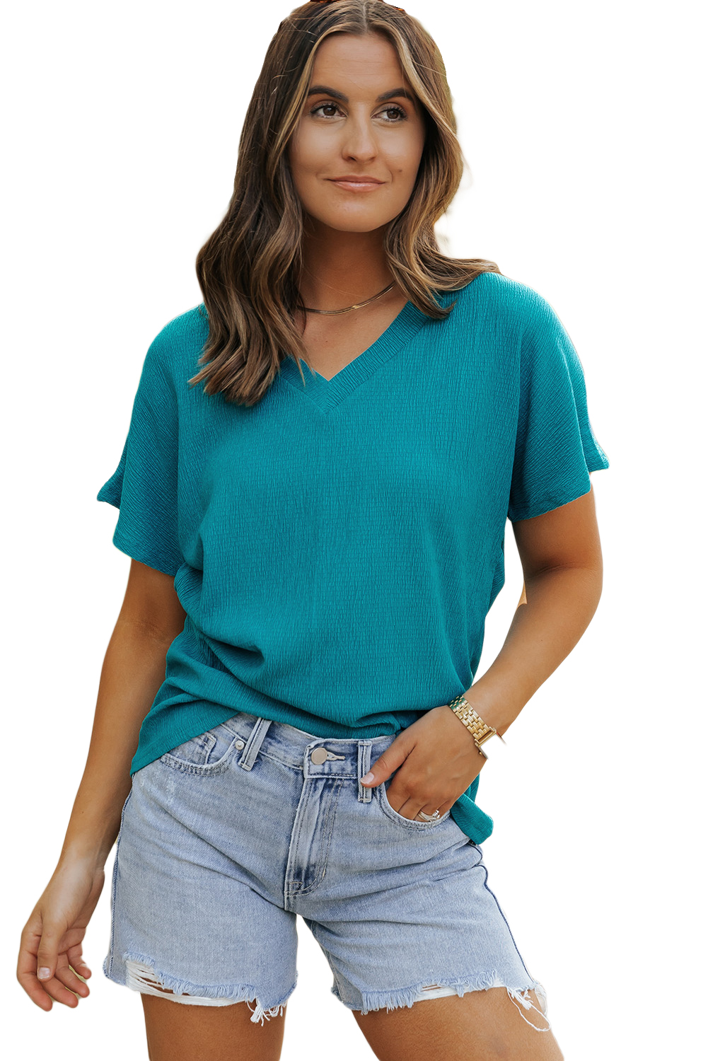 Bright Pink Crinkled V Neck Wide Sleeve T-shirt