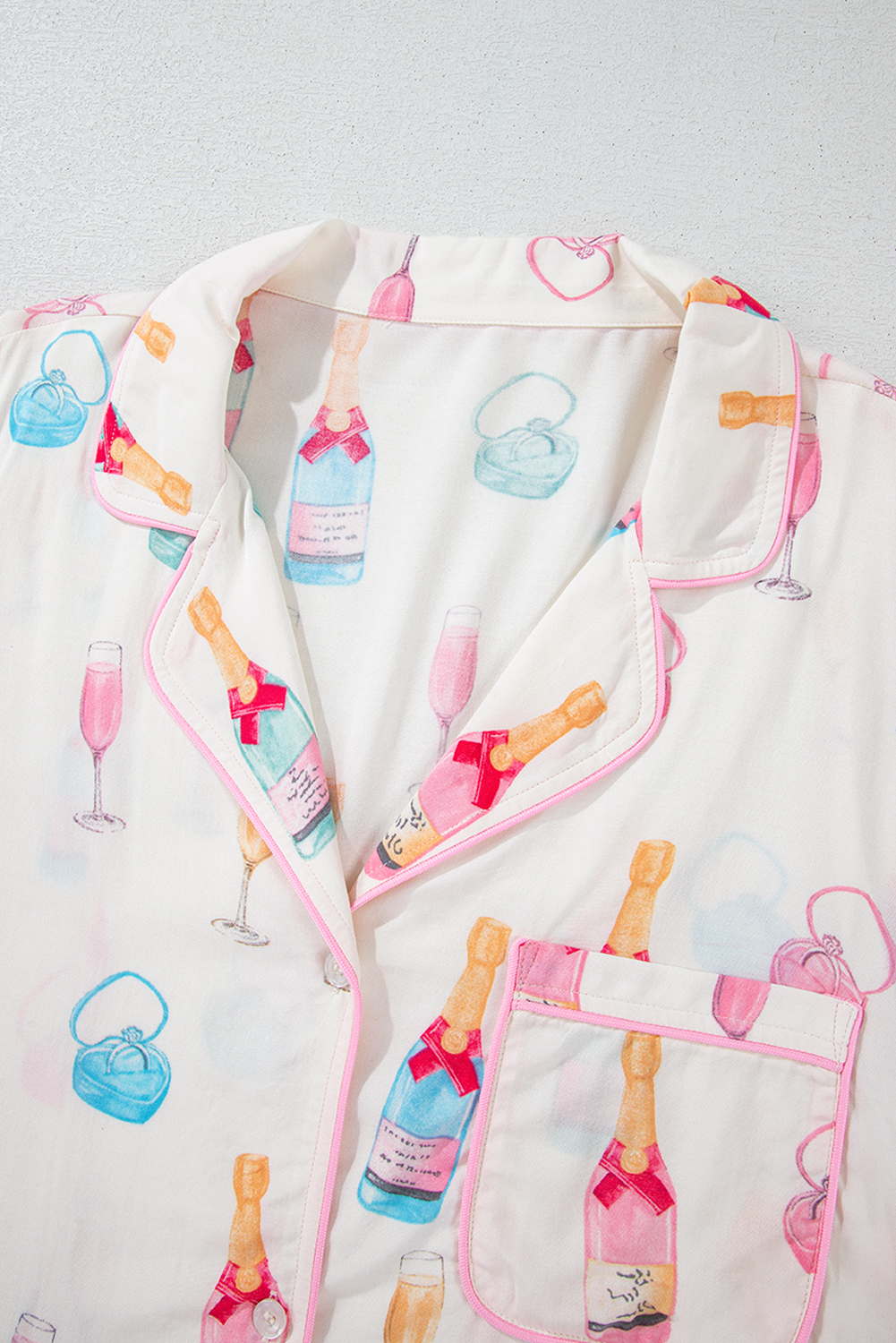 White Christmas Wine Glass Print Bow Knot Two Piece Pajama Set