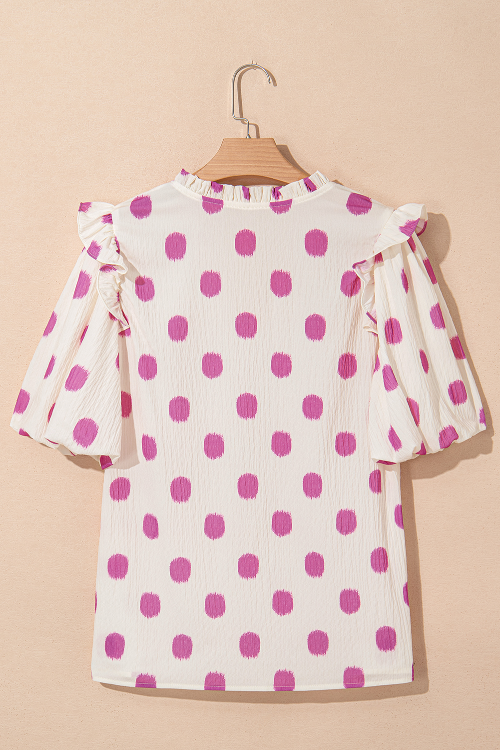 Black Polka Dot Print Shirred Yoke Notched Neck Balloon Sleeve Blouse